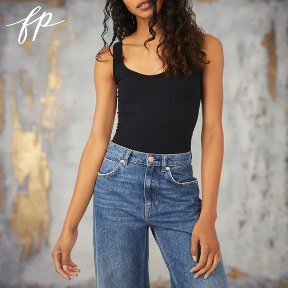 FREE PEOPLE XYZ Ribbed Sleeveless Stretch Fit Thong Bodysuit in Black NWT - Picture 7 of 16